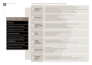 5
    Revolution or evolution?
                                           Key trends impacting Information Security to 2020
                                                                    •	   Increase in penetration of high speed broadband and wireless networks
                                                                    •	   Centralisation of computing resources and widespread adoption of cloud computing


                                           1
                                                                    •	   Proliferation of IP (internet protocol) connected devices and growth in functionality
                                               Infrastructure
                                                                    •	   Improved global ICT (Information and Communications Technology) infrastructure enabling greater outsourcing
                                               revolution           •	   Device convergence and increasing modularisation of software components
                                                                    •	   Blurring work/personal life divide and ‘Bring Your Own’ approach to enterprise IT
                                                                    •	   Evolution in user interfaces and emergence of potentially disruptive technologies

                                                                    •	   Greater sharing of sensitive data between organisations and individuals



                                           2
                                                                    •	   A significant increase in visual data
                                                                    •	   More people connected globally
                                               Data explosion
                                                                    •	   Greater automated traffic from devices
    Key longer term drivers                                         •	   A multiplication of devices and applications generating traffic
                                                                    •	   A greater need for the classification of data

      Globalisation


                                           3
                                               An always-on,        •	   Greater connectivity between people driven by social networking and other platforms
                                                                    •	   Increasingly seamless connectivity between devices
                                               always-connected
      Increased focus on climate change                             •	   Increasing information connectivity and data mining
                                               world                •	   Increased Critical National Infrastructure and public services connectivity

      Shifting global economic centres



                                           4
                                                                    •	   Rising levels of electronic and mobile commerce and banking
      Changing demographics                    Future               •	   Development of new banking models
                                               finance              •	   Growth in new payment models
                                                                    •	   Emergence of digital cash
      Increasing regulation / governance

      Increasing reliance on technology

                                           5
                                               Tougher              •	 Increasing regulation relating to privacy
      and information                          regulation
                                                                    •	 Increasing standards on Information Security
                                                                    •	 Globalisation and net neutrality as opposing forces to regulation and standardisation
                                               and standards
      Changing attitudes towards privacy


      Evolving work / home balance                                  •	   Greater censorship



                                           6
                                                                    •	   Political motivations driving new state/regional internets
                                               Multiple internets   •	   New and more secure internets
                                                                    •	   Closed social networks
                                                                    •	   Growth in paid content




                                           7
                                               New identity         •	 The effectiveness of current identity concepts continues to decline
                                               and trust            •	 Identity becomes increasingly important in the move from perimeter to information based security
                                               models               •	 New models of trust develop for people, infrastructure, including devices, and data
 