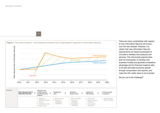 Revolution or evolution?




                                                                                             7


                                                                                                                                                                                                                           There are many uncertainties with respect
  Figure 1: The cost of inaction – two illustrative scenarios for an organisation’s approach to Information Security
                                                                                                                                                                                                                           to how Information Security will evolve
                                                                                                                                                                                                                           over the next decade. However, it is
              Total Lifecycle Cost of Information Security




                                                                                                                                                                                                                           certain that new Information Security
                                                                                                                                                                                                                           requirements will require businesses to
                                                                                                                                                                                     ‘Reactive’ approach
                                                                                                                                                                                                                           innovate to develop new products and
                                                                                                                                                                                                                           services. This will provide opportunities
                                                                                                                                                Cost of inaction                                                           both for businesses, to develop new
                                                                                                                                                                                    ‘Proactive’ approach                   business models and generate competitive
                                                                                                                                                                                                                           advantage and for financial investors alike.
                                                                                                                                                                                                                           It will also stimulate economic growth
                                                                                                                                                                                                                           through consumption and exports, and
                                                                                                                                                                                                                           make the UK a safer place to do business.
                                                                                Key event
                                                                                                                                                                                                                           Are you up to the challenge?

                                                             2010         2011          2012           2013             2014           2015     2016             2017       2018            2019         2020



 Definition                                                                                 Lifecycle costs
                                                              Total Lifecycle Cost of       of deploying and            Reputational            Intellectual             Operational                 Financial impact
                                                              Information Security      =   operating security      +   value               +   Property value       +   effectiveness           +   of incidents
                                                                                            solutions

                                                                                            •	 Hardware /                •	 Brand volume        •	 R&D information       •	 Productivity             •	 Direct financial
                                                                                               software solutions        •	 Customer            •	 Customer              •	 Ability to service          loss from attack
                                                                                            •	 Training                     satisfaction/          databases                customers
                                                                                            •	 Consultancy costs            confidence          •	 Competitive           •	 Cost to serve
                                                                                            •	 People costs                                        information              customers
 