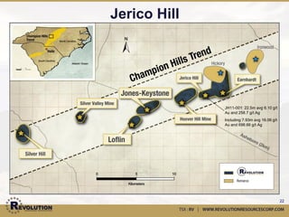 Property Agreement Terms
•   Option to acquire 100% of entire
    property portfolio
•   To acquire initial 60%, Revolution will:
     – Issue 9.9% of I/OS to LSG
     – Incur $35M by August, 2016
•   At Revolution’s option, the Company
    can acquire the remaining 40% for $20
    per ounce of gold equivalent
•   Revolution has a shotgun clause in the
    agreement terms to acquire 100% prior
    to expenditures of $35M on the
    properties.



                                               Calcanthite coating at Carmen Vein, La Bufa



                                                                                             22
 