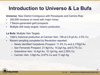 Chiqui Target
        •   Circa1970’s-80’s underground mining
            focused on antimony-gold
            mineralization, <10,000 tons

        •   High grade Au+/-Ag detected in 1994
            and recent sampling, six samples <2.12
            g/t Au (high of 7.76 g/t Au) and twenty-
            five samples >1.0 g/t Au
        •   Two significant samples with gold:
            7.76g/t Au and 7.75g/t Au
        •   Anomalous gold over 200m strike length
            and 40m width minimum dimensions
        •   Target never drilled, 100% owned
        •   High-level low-sulfidation epithermal Au-
            Ag characteristics throughout property
            with key trace elemental signatures such
            as Hg, Sb and As
                                                   28
 