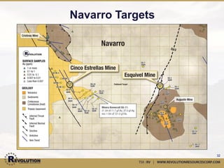 La Bufa Zones
Sample #     Prospect           Au g/t   Ag g/t   Cu%
1018994      San Fernando         21.9     14.2         5.7
1018995      Golondrina           10.4     10.1        2.35
1018996      Carmen               6.14      8.2        7.02
1018997      Carmen               0.01      3.8   0.974
1018998      Carmen               0.01     11.4        3.44
1018999      Carmen               11.3     31.1   0.321
1019000      Carmen               9.16      8.0        4.48
1018701      Cazadores Vein       0.01    2,170        11.3
1018702      Caballero Azteca     4.51      4.6   0.075


      Carmen Mine                  Cazadores Vein
  1.5km strike, 3.0m width          New Discovery
    1Mt Past production           High grade Cu - Au

     Caballero Azteca              Golondrina Vein
    1.3km along strike,              1.0km strike
Width up to 2.5m; Drill-ready      Width up to 3.0m



                                                          32
 