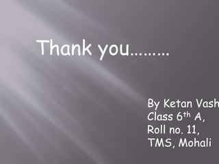 Thank you……… 
By Ketan Vashisht, 
Class 6th A, 
Roll no. 11, 
TMS, Mohali 
