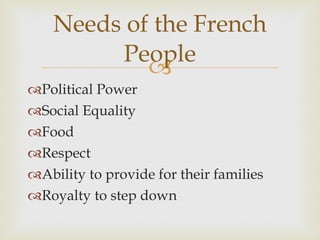 Political Power Social Equality Food Respect Ability to provide for their families Royalty to step down Needs of the French People 