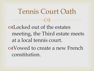 Locked out of the estates meeting, the Third estate meets at a local tennis court.  Vowed to create a new French constitution.  Tennis Court Oath 