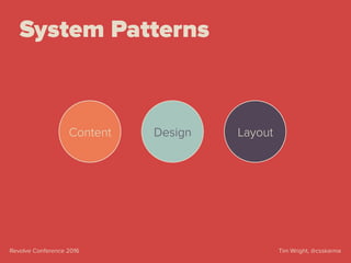 Tim Wright, @csskarmaRevolve Conference 2016
Content Design Layout
System Patterns
 