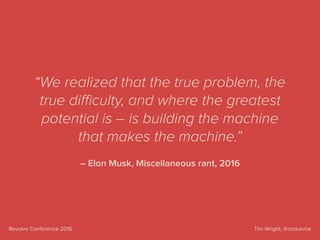 Tim Wright, @csskarmaRevolve Conference 2016
– Elon Musk, Miscellaneous rant, 2016
“We realized that the true problem, the
true diﬃculty, and where the greatest
potential is – is building the machine
that makes the machine.”
 