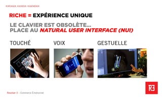 Revolver 3 - Creative.Interactive.Revolver 3 – Commerce Émotionnel
R3PENSER. R3CRÉER. R3GÉNÉRER
RICHE = EXPÉRIENCE UNIQUE
LE CLAVIER EST OBSOLÈTE…
PLACE AU NATURAL USER INTERFACE (NUI)
TOUCHÉ VOIX GESTUELLE
 