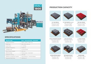 SPECIFICATIONS
Machine Type Semi – Automatic/Fully – Automatic
Overall Dimension 9500 x 5500 x 3962 mm
Pallet size 665 x 550 x 18 mm
Cycle Time 15 – 20 Sec
Vibration Frequency 50-90 Hz
Installed Cap. 47 HP (35 KW)
Max. Product Height 200 mm
Machine Type Multipurpose - Automatic
Hydraulic Oil Cap. 450 Liter
Material Compaction System Dual Vibration + Pressure Based
Required Shed Area	 4000 Sq. Ft
MAC
1800
KERB STONE
390 X 250 X 150 (2)
Pcs/Hour: 360
Pcs/Shift: 2,880
I - SHAPE PAVER
200 X 165 X 80 (6)
Pcs/Hour: 1080
Pcs/Shift: 8,640
ZIG-ZAG PAVER
225 X 112.5 X 80 (10)
Pcs/Hour: 1800
Pcs/Shift: 14,400
RETAINING BLOCK
296 X 450 X 200 (2)
Pcs/Hour: 240
Pcs/Shift: 1920
HOLLOW BLOCK
400 X 200 X 200 (3)
Pcs/Hour: 540
Pcs/Shift: 4,320
FLY ASH BRICK (ON EDGE)
230 x 75 x 110 (14)
Pcs/Hour: 3360
Pcs/Shift: 26,880
INTERLOCKING BRICK
230 x 220 X 150 (4)
Pcs/Hour: 840
Pcs/Shift: 6,720
SOLID CONCRETE BLOCK
400 x 200 x 150 (3)
Pcs/Hour: 630
Pcs/Shift: 5,040
FLY ASH BRICK
230 x 110 x 75 (10)
Pcs/Hour: 2400
Pcs/Shift: 19,200
PRODUCTION CAPACITY
 