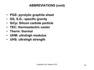 ABBREVIATIONS (cont)


•   PGS: pyrolytic graphite sheet
•   SG, S.G.: specific gravity
•   SiCp: Silicon carbide particle...