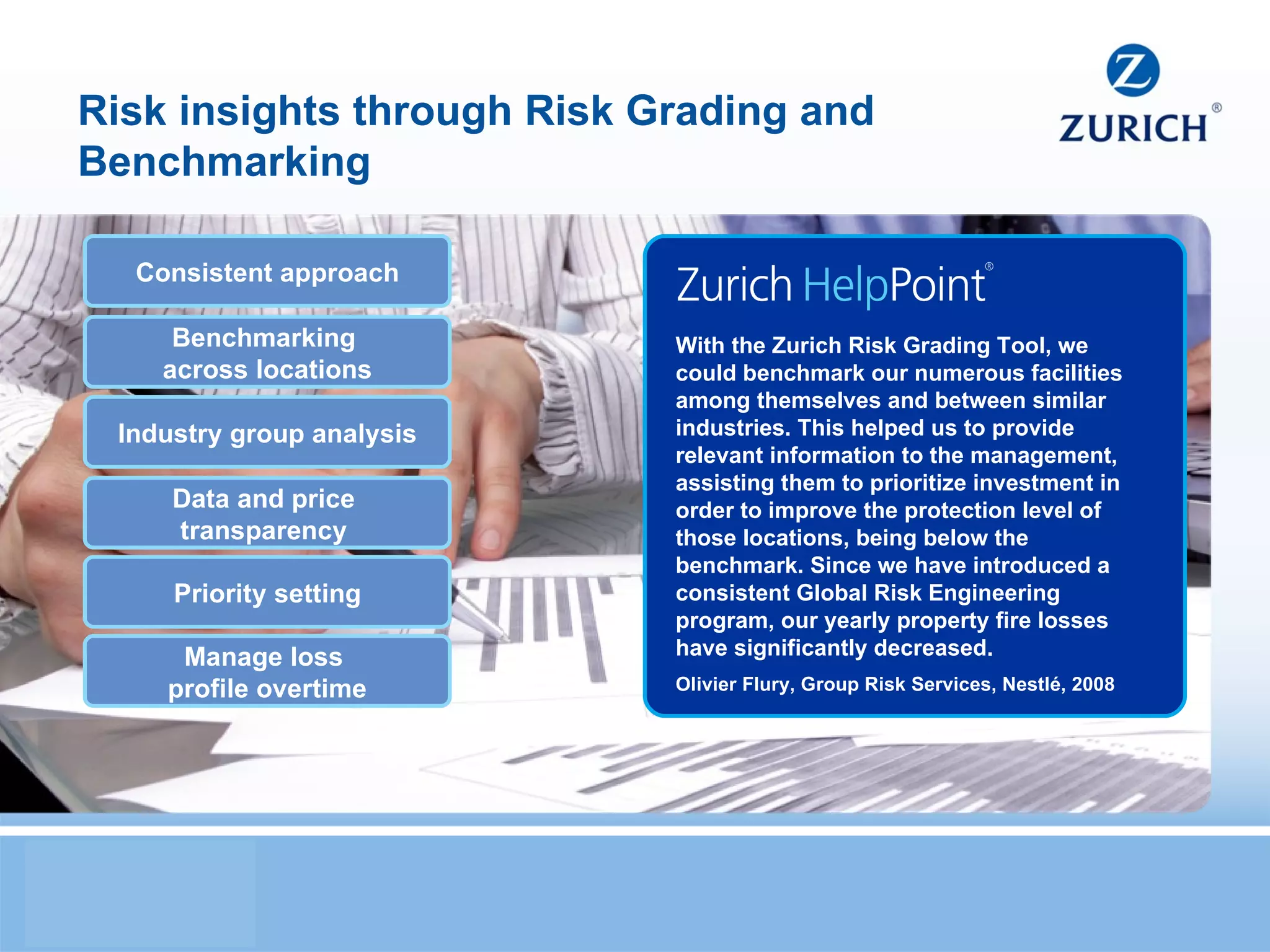 Risk insights through Risk Grading and Benchmarking With the Zurich Risk Grading Tool, we could benchmark our numerous facilities among themselves and between similar industries. This helped us to provide relevant information to the management, assisting them to prioritize investment in order to improve the protection level of those locations, being below the benchmark. Since we have introduced a consistent Global Risk Engineering program, our yearly property fire losses have significantly decreased. Olivier Flury, Group Risk Services, Nestlé, 2008 Consistent approach Benchmarking  across locations Industry group analysis Data and price  transparency  Priority setting Manage loss  profile overtime 