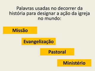 Palavras usadas no decorrer da história para designar a ação da igreja no mundo: 
Missão 
Evangelização 
Pastoral 
Ministério  