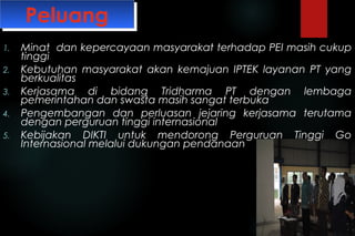 1. Minat dan kepercayaan masyarakat terhadap PEI masih cukup
tinggi
2. Kebutuhan masyarakat akan kemajuan IPTEK layanan PT yang
berkualitas
3. Kerjasama di bidang Tridharma PT dengan lembaga
pemerintahan dan swasta masih sangat terbuka
4. Pengembangan dan perluasan jejaring kerjasama terutama
dengan perguruan tinggi internasional
5. Kebijakan DIKTI untuk mendorong Perguruan Tinggi Go
Internasional melalui dukungan pendanaan
PeluangPeluang
 