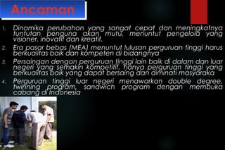 1. Dinamika perubahan yang sangat cepat dan meningkatnya
tuntutan penguna akan mutu, menuntut pengelola yang
visioner, inovatif dan kreatif.
2. Era pasar bebas (MEA) menuntut lulusan perguruan tinggi harus
berkualitas baik dan kompeten di bidangnya
3. Persaingan dengan perguruan tinggi lain baik di dalam dan luar
negeri yang semakin kompetitif, hanya perguruan tinggi yang
berkualitas baik yang dapat bersaing dan diminati masyaraka
4. Perguruan tinggi luar negeri menawarkan double degree,
twinning program, sandwich program dengan membuka
cabang di Indonesia
AncamanAncaman
 