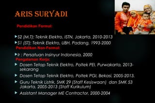 ARIS SURYADI
S2 (M.T): Teknik Elektro, ISTN, Jakarta, 2010-2013
S1 (ST): Teknik Elektro, UBH, Padang, 1993-2000
Ir : Persatuan Insinyur Indonesia, 2000
 Dosen Tetap Teknik Elektro, Poltek PEI, Purwakarta, 2013-
sekarang
 Dosen Tetap Teknik Elektro, Poltek PGI, Bekasi, 2005-2013.
 Guru Teknik Listrik, SMK 29 (Staff Kesiswaan) dan SMK 53
Jakarta, 2005-2013 (Staff Kurikulum)
 Assistant Manager ME Contractor, 2000-2004
Pendidikan Formal:
Pengalaman Kerja:
Pendidikan Non-Formal:
 