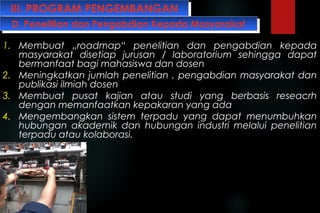 III. PROGRAM PENGEMBANGANIII. PROGRAM PENGEMBANGAN
1. Membuat „roadmap“ penelitian dan pengabdian kepada
masyarakat disetiap jurusan / laboratorium sehingga dapat
bermanfaat bagi mahasiswa dan dosen
2. Meningkatkan jumlah penelitian , pengabdian masyarakat dan
publikasi ilmiah dosen
3. Membuat pusat kajian atau studi yang berbasis reseacrh
dengan memanfaatkan kepakaran yang ada
4. Mengembangkan sistem terpadu yang dapat menumbuhkan
hubungan akademik dan hubungan industri melalui penelitian
terpadu atau kolaborasi.
D. Penelitian dan Pengabdian Kepada MasyarakatD. Penelitian dan Pengabdian Kepada Masyarakat
 