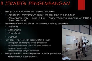 II. STRATEGI PENGEMBANGAN
1. Peningkatan produktivitas dan efisiensi pendidikan
 Penataan + Penyempurnaan sistem manajemen pendidikan
 Peningkatan SDM + Insfrastruktur + Pengembangan kemampuan IPTEK +
sistem Informasi.
1. Perbaikan atmosfir akademik dan Penataan sistem pendidikan
 Informasi
 Komunikasi
 Koordinasi
 Edukasi
1. Perluasan + Pemerataan kesempatan belajar
 Peningkatan daya tampung secara proporsional
 Optimalisasi fasilitas insfrastruktur fisik, (klinik kesehatan)
 Perluasan akses beasiswa
 Kerjasama sinergis dengan stakeholders
4. Peningkatan SDM mencakup aspek ; saintifik, profesional,
kesejahteraan sosial ekonomi.
 