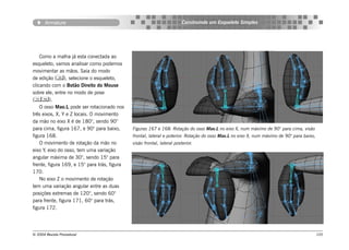Armature                                                          Construindo um Esqueleto Simples




    Como a malha já esta conectada ao
esqueleto, vamos analisar como podemos
movimentar as mãos. Saia do modo
de edição (), selecione o esqueleto,
clicando com o Botão Direito do Mouse
sobre ele, entre no modo de pose
().
    O osso Mao.L pode ser rotacionado nos
três eixos, X, Y e Z locais. O movimento
da mão no eixo X é de 180°, sendo 90°
para cima, figura 167, e 90° para baixo,      Figuras 167 e 168: Rotação do osso Mao.L no eixo X, num máximo de 90° para cima, visão
figura 168.                                   frontal, lateral e poterior. Rotação do osso Mao.L no eixo X, num máximo de 90° para baixo,
    O movimento de rotação da mão no          visão frontal, lateral posterior.
eixo Y, eixo do osso, tem uma variação
angular máxima de 30°, sendo 15° para
frente, figura 169, e 15° para trás, figura
170.
    No eixo Z o movimento de rotação
tem uma variação angular entre as duas
posições extremas de 120°, sendo 60°
para frente, figura 171, 60° para trás,
figura 172.




© 2004 Revista Procedural                                                                                                                   105
 