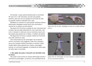 Armature                                                 Construindo um Esqueleto Simples




   Por exemplo, o braço quando esticado pode se movimentar
90° para cima e 90° para baixo, que são suas posições
extremos, assim tem-se uma variação de movimento de 180°,
sua posição mediana é estendido para o lado.
   Modelando os membros em suas posições medianas evitamos
deformações indesejáveis quando temos que movimentar o
membro de um extremo ao outro extremo.                          Figuras 04 e 05: Ao lado, modelagem da mão com os dedos distântes
   Nas figuras 04 e 05 temos a posição de meio movimento para   entre si.
os dedos, eles não estão exatamente em meio movimento, mas
como o indicador é o dedo que mais se movimenta, essa é uma
boa posição para separar bem os dedos, e modelar suas dobras.
   Nas figuras 06 e 07 temos a posição mediana de movimento
para cada membro do corpo.
   Caso você já saiba que seu personagem não vá executar
nenhum movimento muito exagerado, então não é necessário
que se use a posição mediana para todos os membros, porém,
modelar desta maneira garante que, quando o personagem
executar um movimento exagerado, os problemas de deformação
da malha sejam minimizados.

   3. Nas regiões das juntas é necessário uma densidade maior
de vértices.
   Nas juntas é onde ocorrem as maiores deformações durante o   Figuras 06 e 07: Personagem com seus membros na posição mediana
movimento do personagem, se tivermos uma quantidade boa de      de seus movimentos extremos.

© 2004 Revista Procedural                                                                                                      41
 