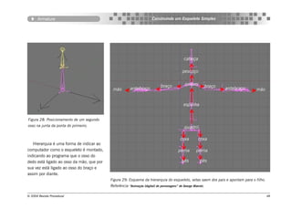 Armature                                                         Construindo um Esqueleto Simples




                                                                                               cabeça

                                                                                              pescoço


                                                                              braço             ombro            braço
                                            mão         antebraço                                                        antebraço   mão


                                                                                               espinha


Figura 28: Posicionamento de um segundo
osso na junta da ponta do primeiro.                                                            quadril

                                                                                            coxa         coxa
   Hierarquia é uma forma de indicar ao
computador como o esqueleto é montado,                                                     perna        perna
indicando ao programa que o osso do
dedo está ligado ao osso da mão, que por                                                      pés          pés
sua vez está ligado ao osso do braço e
assim por diante.
                                           Figura 29: Esquema da hierarquia do esqueleto, setas saem dos pais e apontam para o filho.
                                           Referência   “Animação [digital] de personagens” de George Maestri.


© 2004 Revista Procedural                                                                                                                  48
 