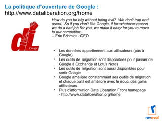 How do you be big without being evil?  We don't trap end users.  So if you don't like Google, if for whatever reason we do a bad job for you, we make it easy for you to move to our competitor. -- Eric Schmidt - CEO La politique d’ouverture de Google :  http://www.dataliberation.org/home Les données appartiennent aux utilisateurs (pas à Google) Les outils de migration sont disponibles pour passer de Google à Exchange et Lotus Notes Les outils de migration sont aussi disponibles pour sortir Google Google améliore constamment ses outils de migration et chaque outil est amélioré avec le souci des gains utilisateurs Plus d'information Data Liberation Front homepage - http://www.dataliberation.org/home 