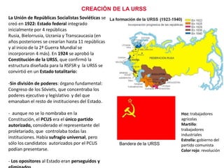 CREACIÓN DE LA URSS
La Unión de Repúblicas Socialistas Soviéticas se
creó en 1922: Estado federal integrado
inicialmente por 4 repúblicas
Rusia, Bielorrusia, Ucrania y Transcaucasia (en
años posteriores se crearían hasta 11 repúblicas
y al inicio de la 2ª Guerra Mundial se
incorporaron 4 más). En 1924 se aprobó la
Constitución de la URSS, que confirmó la
estructura diseñada para la RSFSR y la URSS se
convirtió en un Estado totalitario:
-Sin división de poderes: órgano fundamental:
Congreso de los Sóviets, que concentraba los
poderes ejecutivo y legislativo y del que
emanaban el resto de instituciones del Estado.
- aunque no se lo nombraba en la
Constitución, el PCUS era el único partido
autorizado, considerado el representante del
proletariado, que controlaba todas las
instituciones. Había sufragio universal, pero
sólo los candidatos autorizados por el PCUS
podían presentarse.
- Los opositores al Estado eran perseguidos y

Bandera de la URSS

Hoz: trabajadores
agrícolas
Martillo:
trabajadores
industriales
Estrella: gobierno del
partido comunista
Color rojo: revolución

 