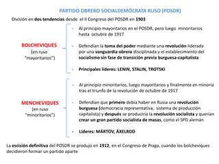PARTIDO OBRERO SOCIALDEMÓCRATA RUSO (POSDR)
División en dos tendencias desde el II Congreso del POSDR en 1903
-

-

Defendían la toma del poder mediante una revolución liderada
por una vanguardia obrera disciplinada y el establecimiento del
socialismo sin fase de transición previa burguesa-capitalista

-

Principales líderes: LENIN, STALIN, TROTSKI

-

Al principio minoritarios, luego mayoritarios y finalmente en minoría
tras el triunfo de la revolución de octubre de 1917

-

Defendían que primero debía haber en Rusia una revolución
burguesa (democracia representativa, sistema de producción
capitalista) y después se produciría la revolución socialista y querían
crear un gran partido socialista de masas, como el SPD alemán

-

BOLCHEVIQUES
(en ruso

Al principio mayoritarios en el POSDR, pero luego minoritarios
hasta octubre de 1917

Líderes: MÁRTOV, ÁXELROD

“mayoritarios”)

MENCHEVIQUES
(en ruso
“minoritarios”)

La escisión definitiva del POSDR se produjo en 1912, en el Congreso de Praga, cuando los bolcheviques
decidieron formar un partido aparte

 