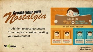 In addition to posting content
from the past, consider creating
your own content
@wonderwall7
#SEJThinkTank
Infographic via Host Gator
 