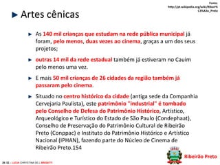 Artes cênicas

Fonte:
http://pt.wikipedia.org/wiki/Ribeir%
C3%A3o_Preto

As 140 mil crianças que estudam na rede pública municipal já
foram, pelo menos, duas vezes ao cinema, graças a um dos seus
projetos;
outras 14 mil da rede estadual também já estiveram no Cauim
pelo menos uma vez.
E mais 50 mil crianças de 26 cidades da região também já
passaram pelo cinema.
Situado no centro histórico da cidade (antiga sede da Companhia
Cervejaria Paulista), este patrimônio "industrial" é tombado
pelo Conselho de Defesa do Patrimônio Histórico, Artístico,
Arqueológico e Turístico do Estado de São Paulo (Condephaat),
Conselho de Preservação do Patrimônio Cultural de Ribeirão
Preto (Conppac) e Instituto do Patrimônio Histórico e Artístico
Nacional (IPHAN), fazendo parte do Núcleo de Cinema de
Ribeirão Preto.154
Ribeirão Preto
26 /32 – LUCIA CHRYSTINA DE L BRIGATTI

 