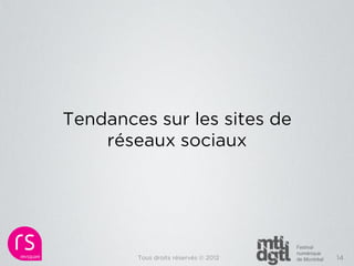 Tendances sur les sites de
    réseaux sociaux




        Tous droits réservés © 2012   14
 