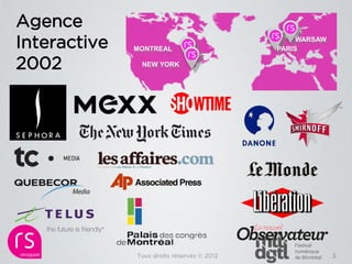 Agence
Interactive   MONTREAL                      PARIS
                                                 WARSAW



2002           NEW YORK




              Tous droits réservés © 2012                 3
 