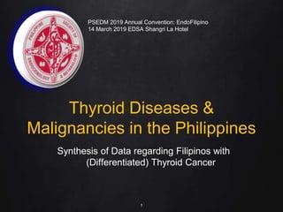 Thyroid Diseases &
Malignancies in the Philippines
Synthesis of Data regarding Filipinos with
(Differentiated) Thyroid Cancer
1
PSEDM 2019 Annual Convention: EndoFilipino
14 March 2019 EDSA Shangri La Hotel
 