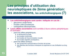 Les principes d’utilisation des neuroleptiques de 2ème génération: les associations,  les anticholinergiques  (7) Les anticholinergiques sont contre‑indiqués en cas de : glaucome à angle fermé,  troubles urétro­prostatiques  cardiopathies décompensées.  Leurs effets secondaires  sont corrélés à leurs actions périphériques et centrales : parmi les effets périphériques,  la sécheresse buccale,  les troubles mictionnels, les troubles de l'accommodation visuelle les troubles digestifs (constipation); parmi les effets centraux,  des syndromes confusionnels en fonction de la dose des atteintes des fonctions mnésiques et cognitives en cas d'utilisation au long cours.  