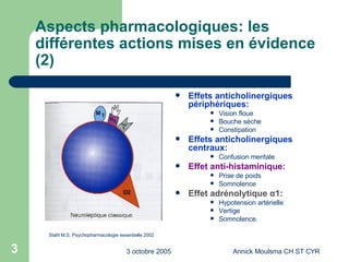 Aspects pharmacologiques: les différentes actions mises en évidence (2) Effets anticholinergiques périphériques: Vision floue Bouche sèche Constipation Effets anticholinergiques centraux:  Confusion mentale Effet anti-histaminique: Prise de poids Somnolence Effet adrénolytique  α 1: Hypotension artérielle Vertige Somnolence. Stahl M.S. Psychopharmacologie essentielle 2002 