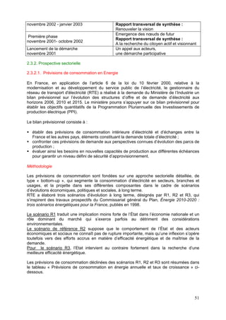 novembre 2002 - janvier 2003                   Rapport transversal de synthèse :
                                               Renouveler la vision
                                               Emergence des nœuds de futur
 Première phase
                                               Rapport transversal de synthèse :
novembre 2001- octobre 2002
                                               A la recherche du citoyen actif et visionnant
Lancement de la démarche                       Un appel aux acteurs,
novembre 2001                                  une démarche participative

2.3.2. Prospective sectorielle

2.3.2.1. Prévisions de consommation en Energie

En France, en application de l’article 6 de la loi du 10 février 2000, relative à la
modernisation et au développement du service public de l’électricité, le gestionnaire du
réseau de transport d'électricité (RTE) a réalisé à la demande du Ministère de l’Industrie un
bilan prévisionnel sur l’évolution des structures d’offre et de demande d’électricité aux
horizons 2006, 2010 et 2015. Le ministère pourra s’appuyer sur ce bilan prévisionnel pour
établir les objectifs quantitatifs de la Programmation Pluriannuelle des Investissements de
production électrique (PPI).

Le bilan prévisionnel consiste à :

   établir des prévisions de consommation intérieure d’électricité et d’échanges entre la
   France et les autres pays, éléments constituant la demande totale d’électricité ;
   confronter ces prévisions de demande aux perspectives connues d’évolution des parcs de
   production ;
   évaluer ainsi les besoins en nouvelles capacités de production aux différentes échéances
   pour garantir un niveau défini de sécurité d’approvisionnement.

Méthodologie

Les prévisions de consommation sont fondées sur une approche sectorielle détaillée, de
type « bottom-up », qui segmente la consommation d’électricité en secteurs, branches et
usages, et la projette dans ses différentes composantes dans le cadre de scénarios
d’évolutions économiques, politiques et sociales, à long terme.
RTE a élaboré trois scénarios d’évolution à long terme, désignés par R1, R2 et R3, qui
s’inspirent des travaux prospectifs du Commissariat général du Plan, Énergie 2010-2020 :
trois scénarios énergétiques pour la France, publiés en 1998.

Le scénario R1 traduit une implication moins forte de l’État dans l’économie nationale et un
rôle dominant du marché qui s’exerce parfois au détriment des considérations
environnementales.
Le scénario de référence R2 suppose que le comportement de l’État et des acteurs
économiques et sociaux ne connaît pas de rupture importante, mais qu’une inflexion s’opère
toutefois vers des efforts accrus en matière d’efficacité énergétique et de maîtrise de la
demande.
Pour le scénario R3, l’Etat intervient au contraire fortement dans la recherche d’une
meilleure efficacité énergétique.

Les prévisions de consommation déclinées des scénarios R1, R2 et R3 sont résumées dans
le tableau « Prévisions de consommation en énergie annuelle et taux de croissance » ci-
dessous.




                                                                                           51
 