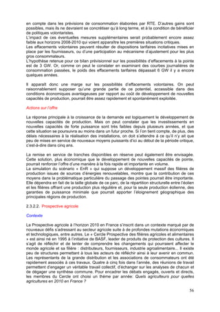 en compte dans les prévisions de consommation élaborées par RTE. D’autres gains sont
possibles, mais ils ne devraient se concrétiser qu’à long terme, et à la condition de bénéficier
de politiques volontaristes.
L’impact de ces éventuelles mesures supplémentaires serait probablement encore assez
faible aux horizons 2008-2010 qui voient apparaître les premières situations critiques.
Les effacements volontaires peuvent résulter de dispositions tarifaires incitatives mises en
place par les fournisseurs, ou d’une participation au mécanisme d’ajustement pour les plus
gros consommateurs.
L’hypothèse retenue pour ce bilan prévisionnel sur les possibilités d’effacements à la pointe
est de 3 GW. Or, comme on peut le constater en examinant des courbes journalières de
consommation passées, le poids des effacements tarifaires dépassait 6 GW il y a encore
quelques années.

Il apparaît donc une marge sur les possibilités d’effacements volontaires. On peut
raisonnablement supposer qu’une grande partie de ce potentiel, accessible dans des
conditions économiques avantageuses par rapport au coût de développement de nouvelles
capacités de production, pourrait être assez rapidement et spontanément exploitée.

Actions sur l’offre

La réponse principale à la croissance de la demande est logiquement le développement de
nouvelles capacités de production. Mais on peut constater que les investissements en
nouvelles capacités de forte puissance sont très faibles depuis plusieurs années, et que
cette situation se poursuivra au moins dans un futur proche. Si l’on tient compte, de plus, des
délais nécessaires à la réalisation des installations, on doit s’attendre à ce qu’il n’y ait que
peu de mises en service de nouveaux moyens puissants d’ici au début de la période critique,
c’est-à-dire dans cinq ans.

La remise en service de tranches disponibles en réserve peut également être envisagée.
Cette solution, plus économique que le développement de nouvelles capacités de pointe,
pourrait renforcer l’offre d’une manière à la fois rapide et importante en volume.
La simulation du scénario « EnR » qui suppose un développement massif des filières de
production issues de sources d’énergies renouvelables, montre que la contribution de ces
moyens dans la problématique particulière du passage des pointes pourrait être importante.
Elle dépendra en fait de la taille globale de ce parc, de la répartition structurelle entre l’éolien
et les filières offrant une production plus régulière et, pour la seule production éolienne, des
garanties de puissance minimale que pourrait apporter l’éloignement géographique des
principales régions de production.

2.3.2.2. Prospective agricole

Contexte

La Prospective agricole à l’horizon 2010 en France s’inscrit dans un contexte marqué par de
nouveaux défis s’adressant au secteur agricole suite à de profondes mutations économiques
et technologiques, entre autres. Le « Cercle Prospective des filières agricoles et alimentaires
» est ainsi né en 1995 à l’initiative de BASF, leader de produits de protection des cultures. Il
s’agit de réfléchir et de tenter de comprendre les changements qui pourraient affecter le
monde agricole et sa filière : distributeurs, fournisseurs, industrie agroalimentaire... Il existe
peu de structures permettant à tous les acteurs de réfléchir ainsi à leur avenir en commun.
Les représentants de la grande distribution et les associations de consommateurs ont été
rapidement associés à ces travaux. Quatre à cinq fois dans l’année, des réunions de travail
permettent d’engager un véritable travail collectif, d’échanger sur les analyses de chacun et
de dégager une synthèse commune. Pour encadrer les débats engagés, ouverts et directs,
les membres du Cercle ont choisi un thème par année: Quels agriculteurs pour quelles
agricultures en 2010 en France ?

                                                                                                 56
 