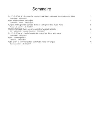 Sommaire
DJ ECHO BOURSE: Goldman Sachs attend une forte croissance des résultats de Rubis
Dow Jones - 30/01/2017
Rubis Investissement en Turquie
Le Revenu - Hebdo - 13/01/2017
Turquie : Rubis prend le contrôle de sa co-entreprise Delta Rubis Petrol
Petrole-Et-Gaz.Fr - 06/01/2017
FRANCE/TURQUIE Rubis prend le contrôle d'un dépôt pétrolier
BIP - Bulletin De L'industrie Pétrolière - 09/01/2017
DJ ECHO BOURSE: CM-CIC relève son objectif sur Rubis à 90 euros
Dow Jones - 09/01/2017
Rubis : comme prévu !
Capitol.Fr - 06/01/2017
Rubis prend le contrôle total de Delta Rubis Petrol en Turquie
Econostrum.Info - 06/01/2017
3
4
5
6
7
8
9
 
