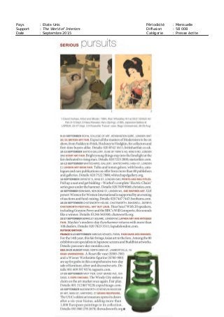 Pays : Etats-Unis Périodicité : Mensuelle
Support : The Art Newspaper Diffusion : 23 000
Date : Septembre 2015 Catégorie : Presse écrite
 