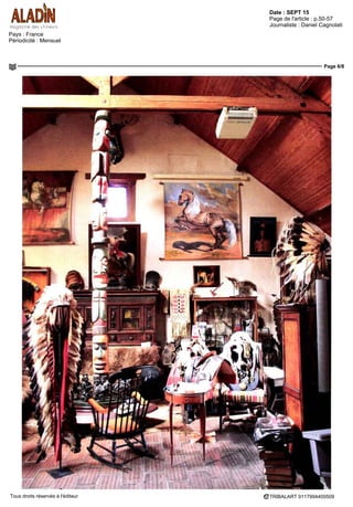 RESIDENCES DECORATION
Date : 05 AOUT 15Pays : France
Périodicité : Bimestriel Page de l'article : p.118
Page 1/1
TRIBALART 3960584400504Tous droits réservés à l'éditeur
NOUVELLE GALERIE
Pierre philosophais
Loc & Lou Gallery vient d'inaugurer deux espaces a Paris En beaute
l'artiste Matthias Contzen remarque lors de la Nuit Blanche 2014 signe avec
« Universe » l'ouverture avec grâce Le 20 rue Notre-Dame-de-Nazareth rassemble
ses sculptures Le 45 avenue George-V presente un mandala de 4000 cylindres
de marbre réalise avec Philippine Leroy Beaulieu Un vertige de profondeur
et de virtuosité aux antipodes des tendances trash actuelles Paris
jusqu'au 4 septembre (www looandlougallery com) Nuit Blanche 2015 le 3 octobre
ARCHITECTURE
Renaissance
Icone cle I architecture moderne la villa E-
1027, construite face a la mer a Roquebrune-
Cap-Martm par Eileen Gray et Jean Badovici
(1929) a retrouve sa fraicheur originelle
Chargée par le Conservatoire du littoral de la
mise en valeur et de la gestion du site l'asso
dation Cap Moderne organise les visites au
public Celles-ci comprennent aussi la decou-
verte du bar-restaurant LEtoile de Mer des
unites de camping et du cabanon de Le
Corbusier Sur réservation (capmodernecom)
Merveilleux
Pans Du 3 septembre
au 3 octobre
Des ballons luminescents comme
desmédusesdesabysses des
statuettes editees a partir d un
photomaton en 30 François
Bernard fete avec 10/10 le W
anniversairedusnowroomMode
Moda International (moda mt com)
Arts premiers
Pans Du 8 au 13 septembre
84galeriesfrançaiseset
internationales participenta la 14e
editionduParcoursdesmondes
Un itinéraire spécifique place cette
annee I artdAsieaI honneur
(parcours des mondescom)
Métiers d'art
Pans - Du 10 au 13 septembre
Biennale des métiers d art et
de la création Révélations se
liant au Grand Palais deux ans
après le succes de sa premiere
édition Un rendez vous
contemporain incontournable
(révélations grandpalais com)
Artvagabond
Melle Jusqu au 27 septembre
Sousle titre «Jardinsterrestres
jardinscélestes» laVIIe
Biennale
internationale d art contemporain
deMelle enPoitou Charentes
accueille 30 artistes dans la ville
(wwwbiennale-mellefr)
Décors peints
aignan-Jusqu'au1™novembre
Chateau XVIIIe
remanie au siecle
suivant Kerguehennec dans le
Morbihan abnte des peintures
murales Sous le titre Mur/Murs
neufs artistes s y confrontent
au]ourd hui (kerguehennec fr)
Çffl
 