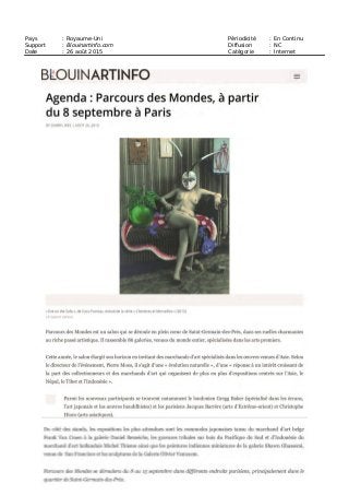 Date : 25/08/2015
Heure : 21:44:59
Journaliste : Bénédicte Philippe
sortir.telerama.fr
Pays : France
Dynamisme : 32
Page 1/1
Visualiser l'article
Tous droits réservés à l'éditeur TRIBALART 255261789
Temps modernes, La mémoire de l'esclavage et l'art
contemporain
Du 8 septembre 2015 au 3 octobre 2015
Galerie Vallois - Paris
Ravivant la mémoire et confrontant les regards africains et caribéens contemporains sur l'esclavage, «
Temps modernes » présente le travail de quinze artistes. C'est une exposition au carrefour de plusieurs
lieux et événements : au siège de l'Unesco pour les installations grands formats (4-11 sept.) et à la galerie
Vallois (8 sept.-3 oct.) dans le cadre de la 14e édition du Parcours des mondes, à Saint-Germain-des-Prés.
Des œuvres fortes, à découvrir durant ces six journées (8-13 sept.), entièrement dédiées aux arts premiers,
dans les galeries du quartier. A noter l'ouverture marquée cette année en direction des arts asiatiques.
Lieux et dates
Galerie Vallois
35 et 41, rue de Seine,75006 Paris
infos
Du 08 septembre 2015 au 03 octobre 2015 Gratuit
 