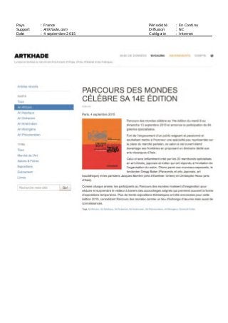 Date : 03/09/2015
Heure : 07:34:40
www.lejournaldesarts.fr
Pays : France
Dynamisme : 13
Page 1/1
Visualiser l'article
Tous droits réservés à l'éditeur TRIBALART 255980182
Robert Vallois : « Pierre Moos a réussi à imposer
l'art contemporain d'Afrique »
L'antiquaire Robert Vallois, préside la 14e édition du Parcours des mondes qui
s'ouvre cette année à l'art d'Asie.
Antiquaire spécialisé dans l'Art déco, Robert Vallois s'est peu à peu impliqué dans
l'art africain contemporain béninois. Très dynamique dans ce domaine, le Parcours
des mondes en a fait son président d'honneur. Pourquoi avoir accepté d'être
président d'honneur de la 14e édition du Parcours des mondes ? Je participe au
Parcours des mondes depuis 2011. Le concept, unique à Paris dans cette spécialité
– Paris Tribal n'en a que la copie – est formidable, car il [...]
Article avec accès abonné :http://www.lejournaldesarts.fr/jda/archives/
docs_article/130216/robert-vallois----pierre-moos-a-reussi-a-imposer-l-art-
contemporain-d-afrique--.php
 