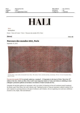 Date : 10/09/2015
Heure : 22:05:42
Journaliste : Siegfried Forster
fr.allafrica.com
Pays : Maurice
Dynamisme : 266
Page 3/3
Visualiser l'article
Tous droits réservés à l'éditeur TRIBALART 256692391
L'art contemporain au Parcours des mondes
Pour la deuxième fois, l'art contemporain a droit de cité au sein de ce parcours
normalement exclusivement réservé aux arts premiers.
Le galeriste Robert Vallois a même été couronné président d'honneur de cette 13e
édition tout en exposant des œuvres d'art contemporain de jeunes artistes béninois.
En privé, il est grand collectionneur de l'art africain, en particulier Lega : « c'est toute
une peuplade du Congo, particulièrement intéressante. Un peuple évolué qui a su
surmonter les pires misères ».
L'année dernière, Robert Vallois avait fait mouche avec une commande d'œuvres
autour de Mickey, cette année, il nous présente King, 24 ans, qui nous déroute avec
ses sculptures africaines sous forme de totems en céramiques japonisés.
Il y aussi Legba, une figure mosaïque en mousse expansée d'Edwige Aplogan dotée
d'un regard plein d'étonnements et un phallus bien coloré qui nous renvoie à la
mémoire de l'esclavage. Ce qui réunit ces œuvres iconoclastes ? « Tout cela ce
sont mes artistes », résume Robert Vallois.
Afrique
COP 21 – Le président Macky Sall porte-voix des collectivités locales francophones
Le président de la République du Sénégal, M. Macky Sall a accepté le mandat qui
lui a … Voir Plus »
 