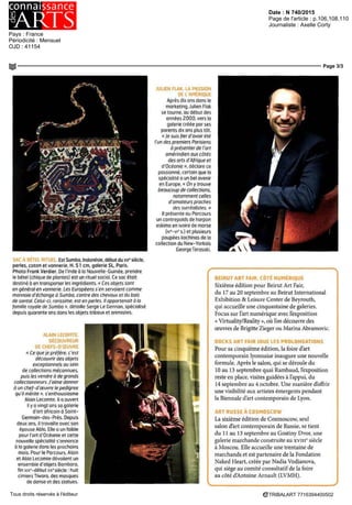 Date : SEPT 15
Pays : France
Périodicité : Mensuel
Page de l'article : p.50-57
Journaliste : Daniel Cagnolati
Page 8/8
TRIBALART 9117994400509Tous droits réservés à l'éditeur
^ Masque Baoule en bois, Côte d'Ivoire
Fm du XIXe siecle Galerie Lucas Ration
Le Parcours des mondes
La grande manifestation internationale consacrée aux
artstribaux setientce mois-ci, a Paris
A Statue de Papouasie, baie
de Geelvmk, XIXe siecle Bois
et perles de verre H 26cm.
Galerie MichelThieme
A lui seul, le Parcours des
mondes cree en 2002,
symbolise le formidable
developpement du
commerce des arts tribaux
aParis,depuisquinzeans,
que ce soit en galerie ou
auxencheres Environ20
marchandsdelaRive-
Gauche spécialises dans
les arts tribaux reçoivent
le renfort de 60 collègues
étrangers et de province
En2015 ilsserontautotal
84,dont12Américains,15
Belges 7Britanniques
Cesnouveauxarrivants
s installenttemporairement
chez les différents
antiquaires etgalenstes du
quartier (quelle que soit leur
spécialité) La visite se fait
sousforme d unparcours
avec une signaletique
adaptée Au risquede
perdre un peu de son âme
larencontrecomportera
cette annee quèlques
marchandsdArtsasiatiques
classiques de Chine et du
Japon (doncdarts non
tribaux) ll n empêche
que I excellence demeure
incontestable Toutes les
cultures tribales seront
représentées,deIAfrique
aIOceanie,enpassantpar
MadagascaretIArctique
Internationale par son
contenu et sa participation
cette manifestation l'est
aussi par sa fréquentation
Signe des temps, Le
Parcours des mondes
s est choisi un president
d honneur qui est I un
des principaux galenstes
d art contemporain de la
capitale, Robert Vallois On
se souviendra que le monde
de i art contemporain
s interesse de plus en plus
a celui des arts tribaux
Finalement rien de nouveau
dans cette attitude,
puisque e était de|a I idée
de Modigliani etdavantage
encore de Brancusi dans le
Montparnasse des annees
1920 Pour I occasion de
nombreux antiquaires
organisent une trentaine
d expositions thématiques a
IinstardeSergeLeGuennan
qui a choisi pour thème
L utilitaire I ethnographie
tout un art Le su|et résume
a lui seul la problématique
des arts tribaux confrontée
au regard occidental
• Du 8 au 13 septembre
Nocturnes le 8 et le 10,
|usqua21h
Quartier de St Germain
dès-Près
www parcours-des-
mondescom
Point info
Galerie Frederic Moisan
Tel 0149269544
72,rueMazanne,
75006 Paris
4 Coupe Sakalava,
Madagascar
Galerie Coué.
Avoir
• Musee du Quai Branly
37,quaiBranly75007Paris
Tel 0156617000-wwwquaibranlyfr
• Coiffes des peuples du Congo
Exposition a Saint-Brevin-les-Pms (44)
Encore quèlques iours pour admirer I exposition qui se tient
a Saint-Brevin-les-Pms au nord de Pornic D une grande
diversite elle permet de voir des épingles et autres parures
a cheveuxde notable, descoiffes de hautgrade ou de chef,
des peignes de parure
Jusquau9septembre,aIespacedesRoches
 