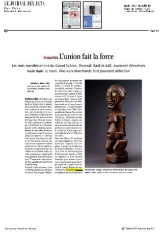 Date : AVRIL 15
Pays : France
Périodicité : Mensuel
Page de l'article : p.83
Page 1/1
TRIBALART 6221153400507Tous droits réservés à l'éditeur
Paris Tribal
«CenestpasleParcoursdes
Mondes cestcertam maisilnef
ait
pas question de rivaliser Pour une
premiere edition epst un bon début»
déclarait Lucas Ratton apres la
premiere edition de Paris Tïioal I an
dernier En dehors du Parcours des
Mondes ou de BRUNEAF aucune
galerie internationale nd ete
invitée a Pai is Tribal et I evenement
tombe dans une période calme
du calendrier de I art ethnique
Peut etre que les participants
sont moins enthousiastes dans
I ensemble car I evenement de
petite envergure est devenu un
peu plus intime avec vingt (au lieu
de vingt sept) participants dont
un nouveau venu la jeune Galerie
Pablo Touchaleaume Celle ci pre
sente une exposit on thématique
sur toutes sortes de récipients de
grande taille comme cette impres
Donnante coupe ceremonielle en
forme de pirogue des iles Sale
mon La Galène Nor d Ivoire regor
géradecuillersouestafricaines
et d emblèmes royaux dores de la
Cote d Ivoire Lor sera également
prépondérant a la Ga erie Cedric
Le Dauphin avec ses bijoux et
armes du sud est asiat que
Paris Tribal
Quartier Beaux-Arts / Saint-
Germain dès-Près
Paris
www panstribal com
du 09au 11-04
Masque de I ouest du Nepal bois traces de vermillon et ficelle (restaurations spora
d ques) H 40cm Indian Her tage presente pendant Paris Tribal une exposition sur les
esprits de la montagne elfes trolls et autres créatures fantastiques de I H maiava
Dora Maurer Se^en Jwsts 1979 t rage argent que 2Cx20cm Courtes^ VntageGalena
Budapest/Art Cologne
Art Cologne
A Iapproche du 50e anniversaire
dArt Cologne en 2C1G le salon
fait peau neuve cette annee Le
nombre de participants (200 envi
ron) reste inchange par rapport
aux annees précédentes Maîs
ceux ci seront places differem
mont en art historiquement pro
gressif des XXe et XXIe siècles art
contemporain et jeunes talents
Cest dans cette derniere section
que prennent place les secteurs
Collaborations Film Cologne
et New Calories avec des
exposants ayant mons de 10 ans
d activite Parmi ces dernieies
faut citer Tatjana Pieters ce Gand
Dajtres noms connus sont ceux
de C athenne Bastide Deweer
Axel Vervoordt et Jeanroch Dard
ce dernier coopérant a Collabo
rations avec Berthold Poti de
Cologne On remarque dans cette
section la presence de Kisterem
ACS et Vintage Galeria qui se
chargent aussi de la configuration
artistique du hall d entree Ces
trois galeries de Budapest pre
sentent une exposition speciale
Bookrnarks sur lavant garde
hongroise et I art post conceptuel
de la fin des annees 1960 a nos
jours avec des artistes comme
Dora Maurer Endre Tôt et I ittle
Warsaw La creation de la Galerie
Mans Mayer constitue un autre
exploit des annees 1960 « Che'
ProfesseurAlber
s» écrivaiten 1965
Mayer alors age de 25 ans cians
une lettre a I ancien artiste du
Bauhaus «jer^sagedouvrirune
galerie a Ess/ingen qui se conso
aera exclusivement a la peinture
concrète et aux objets » Dernan
dani a Josef Albers s il pouvait
lui envoyer quèlques tableaux
depu s les Etats Unis celui ci
reaqil positivement on connaît la
suite Vasarely Carl Andre Robert
Rauschenberg AndyWarhol
Joseph Beuys TonyOursler
NamJunePaik Dennis Hopper
et Kraftwerk sont quèlques uns
des nombreux noms illustres
auxquels la légendaire galerie fut
lee Cela fera cinquante ans cette
annee qu elle a ouvert ses portes
un anniversaire celeore par la
remise du orix Art Cologne par
HarisMayer
Art Cologne
Kolnmesse
Cologne
www artcologne com
du 16 au 19-04
 