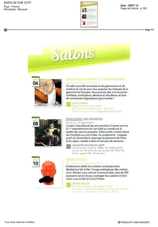 Date : SEPT / OCT 15
Pays : France
Périodicité : Bimestriel
Page de l'article : p.18
Page 1/1
TRIBALART 7265205400502Tous droits réservés à l'éditeur
AKAA, VIA, FIAC...
Ça c'est Paris !
L'automne à Paris, c'est la foire aux.,, foires
d'art ! Si les loueurs de mètres carrés y font
systématiquement leurs choux gras, certains
galeristes peuvent tirer leur épingle de la potée.
Stand de la Galerie Koralewski a Art Elysees en 2014 Œuvres de A Cassel et M Paszko
« II te plaît ce A Kapoor7
Tu en veux un deuxieme (450 000 €
chacun) ? » le comble du snobisme en matiere de placement
ou de blanchiment, c'est le shopping a Art Basel, en Suisse,
cest entendu Paris entend toutefois rivaliser, a coups de
valeurs « établies » maîs aussi de decouvertes certaines, per-
mettant aux amateurs d art de s y retrouver a leur tour
Pour 35 € (tarif réduit 20 €) la 42° FIAC qui se veut « exigeante »
et « généraliste » en matiere d'art actuel ou presque, vous ouvre
ses portes Galeristes français americains et allemands s y tail-
lent la part du lion et vingt-trois pays sont représentes Et comme
le Grand Palais n y suffit pas, un 10e
Hors les Murs est prévu, à
ciel ouvert aux alentours, ainsi qu une 2° OFFICIELLE rèserve
aux plus contemporains des exposants Sans parler de I opera-
tion partenaire Musees en Seine une navette fluviale - lentis-
sime n'est pas serenissime qui veut - permettant d aborder les
musees essentiels de la cite, pendant la durée de la foire i
15 € encore ?
Direction la 8* Art Elysees, qui mêle art actuel
relativement abordable et design de pointe dans une ambiance
autrement conviviale A boire et a manger un peu trop de
second marche, maîs moult coups de cœur possibles et parfois
des pépites (chez Arts d Australie ONG, Koralewski, Mezieres,
L Murdoch V Smagghe S Vazieux ) Essentiel nombre d'in-
terlocuteurs pertinents avec lesquels il fait bon parler davantage
d'art que d argent '
Pour 15 € de plus direction la 5" VIA, engagée « en faveur des
scenes émergentes » Beaucoup d exposants français ou belges
branches, parfois de qualité (Da-end, OX, L Inlassable, Polaris,
ète ) et aussi roumains, israéliens, italiens, japonais Pour 10 €
supplémentaires, jetez un œil au 1er
ArtSf Paris priorité au Pop
art, au Street art et a la Figuration, pour l'édition parisienne de
cet evenement populaire plébiscite deja a Bordeaux, Lyon,
Metz, Montpellier Nice Toulouse et Rennes Sa devise une
phrase du peintre Vasarely « Lart est a la portee de tous, dès
lors qu on le montre »
II vous reste 10 € ?
Au choix la 1er9
African Art Fair ' Art actuel,
économie et politique y font bon menage Ou bien la 17" Art
Shopping, festival de bons grains et d ivraie actuels
Si vous disposez en tout et pour tout de 15 € concentrez-vous
sur la 3° Outsider Art Fair Paris, fédérant les galeries spéciali-
sées en Art brut, singulier ou fantastique Tresors a foison et
souvent bon marche, decouvertes garanties et ambiance d une
exceptionnelle humanite Pour cause chaque galenste investit
sa propre chambre d'hôtel
Gratuit enfin, le fantastique 14e
Parcours des Mondes est a ne
louper sous aucun prétexte les plus grands marchands d'arts
primitifs du monde investissent les galeries du quartier de Saint
Germam-des-pres et y dévoilent leurs trouvailles africaines,
océaniennes chinoises Un tournis de splendeurs, souvent
admirablement scenographiees, et des archives hallucinantes
Sans parler du Cafe Tribal De quoi patienter jusqua la 1°re
AKAA (Also Known As Africa), foire d'art contemporain et de
design africain en cours de crèation
« Paris est (toujours) une blonde » comme chantait Mistinguett
voila presque un siecle « Paris, reine du monde ' »
/African Art Fair
(65 galeries ou entreprises)
Du 15 au 18 octobre
Galene Joseph Turenne (3°)
www afncanartfair org
/AKAA
(Nombre d exposants
encore inconnu)
Du 3 au 6 decembre
Carreau du Temple (3e
)
www akaafair corn
/ArtSf Paris
(200 galeries ou artistes)
Du 3 au 6 septembre
Paris Event center (19e
)
www artSf frPeinture sur photo de Uoco Fronsac —
Parcours des Mondes - Galene Vallois 41
/Art Elysees (75 galeries)
Du 22 au 26 octobre
Champs-Elysées (8e
) I www artelysees fr
/Art Shopping (600 artistes ou galeries)
Du 24 au 25 octobre
Carrousel du Louvre (1e
) / www salon-artshopping corn
/FIAC (173 galeries) et OFFICIELLE (60 galeries)
Du 22 au 25 octobre
Grand Palais (8e
) et Cite de la Mode et du design (13e
)
www fiac com
/Ousider Art Fair Paris (35 galeries)
Du 22 au 25 octobre
Hôtel du Duc (2e
) / http //fr outsiderartfair com
/Parcours des mondes (84 galeries)
Du 8 au 13 septembre
Galeries de Samt-Germain-des-Pres (6e
)
www parcours-des-mondes com
/VIA (65 galeries)
Du 23 au 26 octobre
Carreau du temple (3e
) / http //yia-artfair com
 