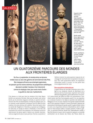 Date : SEPT 15
Pays : France
Périodicité : Mensuel
OJD : 218068
Page de l'article : p.203
Page 1/1
TRIBALART 3297294400501Tous droits réservés à l'éditeur
ÎLE-DE-FRANCE
DU 3 SEPTEMBRE AU 18 OCTOBRE « Gitane a la guitare. Bastien
Aubry & Dimitri Broquard » Artisanat design graphisme arts plast ques
culture populaire art brut et objets du quot dien se croisent dans les installa
lions du duo qu mettent a I epreuve non sans humour la vision romantique
de I art et de la peinture Maison d'Art Bernard Anthomoz, 16, rue Charles VII
94130 Nogent-sur-Marne Tel 01 48 71 90 07 et maba fnagp fr
DU 7 SEPTEMBRE AU 7 DÉCEMBRE « Le siecle de François 1er
»
A I occasion de I annee François 1e
Chantilly célèbre ce prince de la
Renaissance qu a sauve son règne en devenant I ami des arts et le protec
leur des lettres 250 tableaux dessins sculptures objets d art manuscrits
livres sculptures nous plongent dans I univers du monarque desonentou
rageetdesesgoûtsChateaudeChantilly(60500)wwwdomainedechantillycom
DU 8 AU 13 SEPTEMBRE « Parcours des mondes » Pour sa 14e
edi
lion le rendez vous international des arts prem ers et asiatiques réunit quatre
vingt quatre galeries spécialisées dont la moitié de galeries étrangères
installées pour I occasion chez leurs confrères du quartier des Beaux Arts et
de St Germain des Pres ou se tient la manifestation Outre I itinéraire dedie
aux arts classiques d Asie (chinois japonais et indien) le parcours prevoit plus
detrenteexpositionsthématiqueswwwparcoursdès-mondescom
DU 8 SEPTEMBRE AU 31 JANVIER 2016 « Osiris, Mystères englou-
tis d'Egypte » Dans une scénographie spectaculaire deux cent cinquante
objets issus des fouilles sous marines des cites de Thônis Heracleion et de
Canope a nsi qu une quarantaine d objets des musees du Caire et d Alexan
dre lèvent le voile sur les célébrations annuelles des mystères lies au culte
d Osiris maitre de I au delà dans les temples de I Egypte antique et sur
le Nil Institut du monde arabe, 1 rue des Fosses-Saint-Bernard 75005 Paris
Tel 01 40 51 38 38 et www imarabe org
DU 11 SEPTEMBRE AU 1ER
NOVEMBRE «Umbra- Viviane Sassen»
L Atelier néerlandais ouvre off ciellement ses portes avec une exposition de
photographies et d nstallahons multimedia de Viviane Sassen une artiste
contemporaine qui se plaît a mettre I accent sur le jeu de la lumiere et de
I ombre L'Atelier néerlandais, 121, rue de Lille 75007 Paris Tel 01 45 50 47
04 et www atelier néerlandais com
DU 11 SEPTEMBRE AU 25 JANVIER 2016 « Florence, portraits a
la cour des Medicis » Bronzmo Salviati Pontormo une quarantaine de
tableaux exposes au musee Jacquemart Andre dressent un fascinant pano
rama de I evolution du portra t dans la cite florentine de la fm du XV" a la
fm du XVIe
siecle Musee Jacquemart-André, 158, bd Haussmann, 75008 Paris
Tel 01 45 62 11 59 et www musee jacquemart-andre com
JUSQU'AU 12 SEPTEMBRE « Jacques Bmy, Createur / Editeur »
Adepte de nouveaux materiaux comme la tôle perforée ou le Plexiglas le
grand lummariste françe s des annees 1950/1970 a s gne des projets d en
vergure pour la préfecture de Valence ou encore les chantiers de St Nazaire
La galerie met en scene ses plus belles pieces Galerie Pascal Cuisinier, 13, rue
de Seine 75006 Paris Tel 01 43 54 34 61
JUSQU'AU 14 SEPTEMBRE « Gottfned Honegger » Une cinquan
lame de dessins peintures scu ptures et « Tableaux rel efs > mettent en
lumiere la trajectoire de cet acteur majeurde I art abstrait ne a Zur ch en 1917
Centre Georges Pompidou, 75004 Paris www centrepompidou fr
 