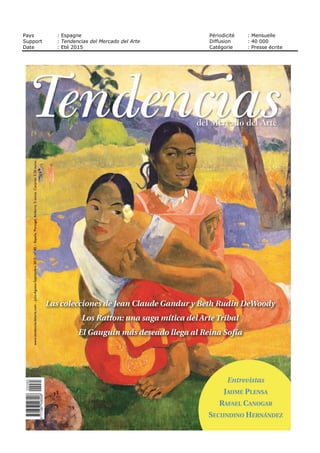 Date : 02/08 SEPT 15
Pays : France
Périodicité : Hebdomadaire
OJD : 31426
Journaliste : Alexandre Grenier
Page 1/1
TRIBALART 5975405400524Tous droits réservés à l'éditeur
iibam, les réalités sociales et politiques, le tout
lans un joyeux déferlement de couleurs dont
Chéri Samba et le sculpteur de villes rêvées Bodys
Isek Kmgelez restent les figures de proue.
Lévénement fait aussi la part belle à la photographie,
médium qui a le mieux décrit les grands traits
de la vie sociale congolaise Ainsi de Jean Sépara
et ses reportages sur les nuits kmoises ou encore
d'un certain Ambroise Ngaimoko qui s'intéresse, lui,
aux adeptes de la Sape (Société des ambianceurs
' des personnes élégantes) et à leurs dèfilés
une mode poussée à l'extrême Chaque thème de
I exposition est baigné d'une musique judicieusement
choisie tant il est vrai, que l'expression musicale
congolaise est l'une des plus dynamiques du grand
continent On en ressort avec l'impression
d avoir fait un extraordinaire voyage, à la rencontre
de cette « somme d'oeuvres magistrales, demeurées
inconnues pour la plupart et qui temoignent
de l'ardeur artistique du Congo, ignorée jusqu'ici »,
comme le souligne André Magnin, commissaire de
I exposition. •
BEAUTE CONGOEXPOSITION! * Fondation Cartier
Sl ie dynamisme de ta scène artistique
africaine est de plus en plus évident, il
semblerait que le Congo y soit à la pointe dans
tous les médias peinture et musique, certes,
maîs aussi sculpture, photo et bande dessinée
trouvent la un essor remarquable La radiographie
de cette scène depuis le siècle dernier nous
est proposée par la Fondation Cartier C'est elle
qui avait exposé et fait dècouvrir chez nous
avec succès l'étonnant peintre Chéri Samba, il y a
quelques années
Tout semble commencer dans les années 1920,
lorsqu'un couple, Albert et Antoinette Lubaki, écrit
les prémices de l'histoire de l'art moderne congolais
leurs œuvres sur papier, souvent figuratives, traitent
avec poésie de thèmes liés à la nature, à la vie
quotidienne, aux fables locales et aux rêves dans in
Congo qui est encore colonie belge Puis on note
l'arrivée d'un Français, Pierre-Romain Desfossés, qui
fonde une « académie » de peinture à Elisabethville
(l'actuelle Lubumbashi). De cette école active
jusqu'en 1954 sortiront bon nombre d'artistes. Ils
formeront le terreau du dynamisme, de l'esprit
libertaire et « populaire » de l'art congolais
contemporain. Avant tout figuratif, cet art dû à ces
« reporters de l'urbanité » s'ancre dans le quotidien,
PARCOURS DES MONDES
ARTS PREMIERS
Figure de
reliquaire byeri
fang, Gabon.
Fin du XIX
e
siècle.
C'est une habitude
depuis maintenant une quinzaine
d'annéesdevoirdébarquer
le meilleur de l'art premier, tribal
et traditionnel, à l'occasion
du « Parcours des mondes »
qui s'installe, pour six jours, dans
le quadrilatère germanopratin
desruesdeSeine,Mazarine,Jacob
etBeaux-Arts.Unesoixantaine
de galeries cèdent et prêtent leurs
locauxafinquedesmarchands
venus du monde entier y présentent
masques, statuettes, objets et
ouvragesdedocumentation
portant sur cet art tant africain
qu'océanien,inuitouasiatique,
ce dernier étant a l'honneur de la
présente édition. •
 