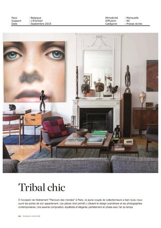 Date : 04/17 SEPT 15
Pays : France
Périodicité : Bimensuel
Page de l'article : p.34
Page 2/4
TRIBALART 6914015400509Tous droits réservés à l'éditeur
FOIRES, SALONS, BIENNALES, FESTIVALS
BELGIQUE
BRUXELLES
Tour & Taxis
Avenue du Port 86C /
designseptember be
Brussels Design Market
-> les 12 et 13 septembre
FRANCE
LA GACILLY
Les Halles
wwwfestivalphoto-lagacillycom
Festival photo de la Gacilly
-» jusqu'au 30 septembre
LYON
Divers lieux
/www labiennaledelyon com
13' Biennale de Lyon - U vie moderne
•* du 10 septembre au 3 janvier
Docks Art Pair -
Foire Internationale d'art
contemporain Lyon
Siège GL Events
59, quai Rambaud / docksartfair com
Docks Art Pair 2015
•* duTOseptembre au 4 octobre
PARIS
Grand Palais
Avenue Winston Churchill 8e
/
www révélations grandpalais com
Révélations 2015,
le salon des métiers d'art
et de la création
-» du 10 au 13 septembre
Parcours des Mondes
Quartier Saint Germain des Pres 6e
/
www parcours dès-mondes com
Parcours
des mondes 2015
-t du 8 au 13 septembre
PONTIVY
Divers lieux
/ www artchapelles com
L'artdans les chapelles
2015
•» jusqu'au 20 septembre
ITALIE
VENISE
Jardins de la Biennale
et Arsenal
/ www labiennale org
Biennale de Venise 2015
-» jusqu'au22 novembre
Henri Manguin, Le Coffe de Saint-Tropez, 1907, huile sur toile, 63 x 73 cm, Centre Pompidou, Paris.
© Photo CNAC/MNAM, dist RMN/) -Cl pianchet Exposition : « Henri Manguin », Musée Bonnard, Le Cannet.
 