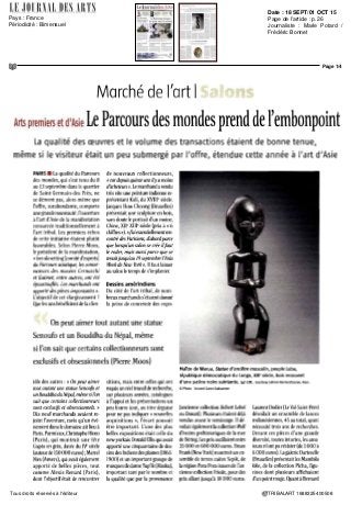 Date : 18 SEPT/01 OCT 15
Pays : France
Périodicité : Bimensuel
Page de l'article : p.23
Journaliste : Éléonore Thery/
Marie Potard
Page 1/6
CARRE5 0488325400505Tous droits réservés à l'éditeur
Marché de l'Art
GALERIE
Les premières œuvres d'Alain
Jacquet réapparaissent
à la Galerie Georges-Philippe
& Nathalie Vallois
ARTS PREMIERS
L'ouverture à l'art d'Asie
a consolidé le succès
de l'édition 2015 du Parcours
des mondes
t
fc,
CÉRAMIQUE
Le marché pousse les feux des
céramiques de Picasso, qu'il
s'agisse des pièces uniques
ou des éditions originales
 