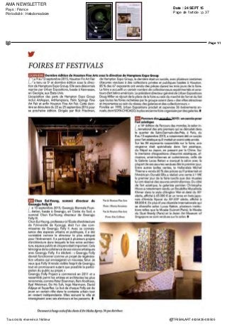 Date : 23 SEPT 15
Pays : France
Périodicité : Hebdomadaire
Page de l'article : p.32-35
Page 3/4
TRIBALART 7370925400524Tous droits réservés à l'éditeur
Samuel Gratacap -
Empire
Jusquau 4 oct 1lh20h(sam)
llh igh (dim) !2h 2ih(mer)
!2h22h(jeu) I2h20h(ven) le
Bal 6 impasse de la Defense 18e
0144707550 (466)
Sl A l'heure ou la brûlante
question des réfugies hante
tous les esprits, entre élans
solidaires, errements et
inertie, le travail de Samuel
Gratacap resonne d'un
écho particulier A partir
de 2O11, le photographe
a suivi le quotidien du camp
de Choucha, en Tunisie,
à quèlques kilometres
de la frontière libyenne
Jusqu'aux effets de la
fermetureofficielleducamp
en 2013, laissant a l'abandon
dans les sables trois cents
hommes, femmes, enfants,
de toutes nationalités
Samuel Gratacap livre
ici sa vision en couleurs,
mêlant les modes
de représentation et les
dispositifs pour mieux
transcrire la complexité
de la situation Images
pudiques, paroles nues
disent la violence
Tendance floue -
Twenty-five?
Hey,givemefive!
Jusqu au 17 oct !4h !9h (sf lun
dim) Topographie de I art
15 rue de Thorigny 3e
0140 29 44 28 Entree libre
SB Gilles Coulon,
Olivier Culmann, Patrick
Tournebœuf, Philippe
Lopparelli, Thierry Ardouin
sont des signatures qu'on
connaîtbiena Telerama
Membres de la premiere
heure du collectifTendance
floue, fonde en 1991 (treize
membres aujourd'hui),
ils ont faitfigurede pionniers
dans une pratique collective
de la photographie Reflechir
ensemble a la spécificité
de l'image, inventer une
nouvelle écriture, diffuser
autrement, confronter
les regards Voila leur
travail de vingt cinq ans
pose sous le regard de trois
commissaires Christine
Other, FanyDupêchez,
MatJacob Une trajectoire
etoilee, poétique et engagée
sur laquelle chacun
a pu inscrire sa voix
A ne pas manquer
Viviane Sassen-
Umbra
Jusquau 1er
nov I3h I9h(sflun )
I Atelier néerlandais 121 rue
de Lille 7e
Qi 45 5047 04 (2e)
CD L'Ateliernéerlandais
ouvre ses portes au 3e
etage
de l'ancien Institut
néerlandais, 121 rue de Lille
Design, photographie,
litterature Cet espace
a pour objectifd'offrir
une vitrine a la creation
des Pays Bas Auteur
et photographe de mode,
VivianeSassen,aujourd'hui
dotée d'une renommée
internationale, ouvre le bal
Elle presente ici Umbro,
un projet réalise pour
le Nederlands Fotomuseum
de Rotterdam Illustre
de poèmes de Mana Barnas,
ce travail en couleurs,
aux limites de l'abstraction,
évoque a travers desjeux
d'ombre les variations
de la psyche humaine, entre
réalisme et illusions Un
tableau contemporain tout
en nuances et en profondeur
Civilisations
Animaux
Jusqu au 30 oct ioh30 I3h
I4h30 igh(sflun dim)
galerie Lucas Ration
33 rue de Seine 6e
0146330624 Entreelifare
ED Le salon des arts
premiers Parcours
des mondes joue les
prolongations grâce a
quèlques galeries du quartier
qui programment encore
de belles expositions Parmi
les coups de coeur figure
«Animaux», la premiere
exposition thématique
de Lucas Ration Issu
de la fameuse famille des
légendaires marchands d'art
premier dont le Quai Branly
racontaiten2013 l'épopée,
lejeune homme a reuni
un ensemble exceptionnel de
sculptures animales illustrant
la richesse et la diversite du
bestiaire africain masques,
statuettes, objets Des pieces
remarquables pour leur
allure et leur pedigree '
BeautéCongo
1926-2015,
CongoKitoko
Jusqu au 15 nov Un 20h(sflun )
11h 22h(mar) Fondation
Cartier pour I art contemporain
261 bd Raspail 14e
0142185650 (710506)
SOI Depuis les annees 20,
qui marquent la naissance
de la peinture moderne
au Congo, alors colonie belge,
cet immense pays (devenu
le Zaïre, puis laRepublique
démocratique du Congo) a
vécu une importante activite
artistique restée méconnue
Sous la conduite d'André
Magnm, marchand d'art
parisien, specialiste d'art
contemporainafricain
de longue date, « Beaute
Congo19262015»rassemble
trois cent cinquante oeuvres
d'art qui témoignent
de ce foisonnement créatif
Peinture, sculpture,
photographie, bande
dessinee, musique
Le parcours est riche, drôle,
colore et particulièrement
intense Depuis les peintures
d'inspiration naturaliste
de l'atelier du Hangar,
jusqu'aux fameuses toiles
politiques de Chen Samba
Vraimentkttoko'
Franck Lundangi
-Trajectoires VII
Jusqu au 3 oct nh igh (sf lun
dim ) galerie Frederic Moisan
72 rueMazarme 6e
0149269544 Entree libre
ED Le dessin et la peinture
sont rares au Parcours
des mondes, salon des
arts premiers Présentées
chez Frederic Moisan,
les Trajectoires de Franck
Lundangi nous ont éblouis
Avec une grâce et une
aisance brillante
et cependant discrète,
l'artiste construit un monde
aux frontieres de tous
les mondes le rêve,
le mythe, la poesie Leurs
racines s'enchevêtrent,
donnant naissance a des
personnages flottant sur
le papier, claquant sur des
fonds vifs, s'incarnant dans
des bois flottes Sélectionne
pour l'exposition «Africa
Remix», en2005auCentre
Pompidou, Franck Lundangi
représentera son pays
(l'Angola) en novembre
prochain au Theâtre
de Chaillot pour l'exposition
«Lumieres d'Afnques»
JR-DécadeJusquau17oct
galerie Emmanuel Perrotm
Habiter
Jusqu au 1er
nov I3h I8h (sf lun
mar) domaine de Chamarande
38 rue du Commandant Arnoux
91 Chamarande 0160 82 52 01
Entree libre
EDChamarandepoursuit
sa collaboration heureuse
avecle collectifCoal
(Coalition pour l'art et
le developpement durable)
en élargissant le cercle
de reflexion autour de
la thématique de la saison
«Habiter»Coloco,
un collectif de paysagistes
engages, le philosophe
Thierry Paquot et le plasticien
Stefan Shankland ont planche
Bien ordonnance, le parcours,
au château comme aujardin,
entre arts plastiques et design,
donne a voir, matiere
a reflechir, de façon legere
et investie Florence Doleac,
David de Tscharner, Stephane
Thidet revisitent les cabanes,
FlorentAlbinetinvente
un flotteur pour méditer,
Charlotte Charbonnel fait
fumer l'ancien fumoir Lieu
historique, centre artistique,
Chamarande reinvente un art
de vivre contemporain
Avec une programmation
foisonnante a partager '
HEY! Modem Art
& PopCulture - Act lll
Jusqu au 13 mars 2016 llh i8h tii
tih igh (sam) 12h I8h (dim )
Halle Saint Pierre 2 rue Ronsard
18e
0142587289 (650850C)
T Apres deux premiers
voletsen2011et2013qui
ont emballe les foules,
Anne SJulien, fameux duo
fondateurdelarevueHey'
ModemArt& Pop Culture,
reviennent pour un nouveau
barnum underground a la
Halle Saint Pierre Soixante
deux artistes internationaux
représentatifs du lowbrowart,
de l'art outsider et de la bande
dessinee viennent culbuter
les codes de l'art dans un
accrochage a touche touche
Beaucoupdebellessignatures
américaines au programme
Thomas Woodruff, Ed Hardy,
ManonPeck,RayAbeyta,
MarkRyden,desmonstres
comme Dado, des oublies,
des hors normes
Labels VIA 2015
Jusqu au 7 nov 9h30l8h30
(sf dim ) 1lh i8h (sam ) galerie
VIA 120 av Ledru Rollin 11e
0144 6818 00 Entree libre
O Implantée des annees
sous les arcades de l'avenue
Daumesnil, lagalèneVIA
vient de déménager avenue
Ledru Rolhn,danslenouvel
immeubledel'Ameublement
français, qui fédère des
acteurs de la filiere Toujours
située dans le quartier
tradmonnel de ce secteur
d'acnvite, la galène gagne
en espace et en visibilité
une belle vitrine pour les
trente quatre derniers projets
sélectionnes pour les Labels
VIA2015 Dessièges,destables,
des luminairesdebellefacture
qui illustrentles tendances
de l'artisanat et de l'industrie
d'aujourd'hui sobre,
fonctionnel, efficace L'époque
n'est pas a la fantaisie
Osiris, mystères
engloutis d'Egypte
Jusqu au 31 ian 2016 10h igh
(mar mer jeu ) loh 20h (sam
dim ) loh 2lh30 (ven ) Institut
du monde arabe 1 rue
des Fosses Saint Bernard 5e
0140513838 (125015506)
ED3 En 2006, «Tresors
engloutis d'Egypte»
rassemblaitau Grand Palais
des pieces issues des fouilles
sous marines de Canope,
d'Herakleion et d'Alexandrie'
Vousaviezaime(ourate)cette
expo' Courez a l'Institut du
monde arabe ' Toujours dans
le sillage de l'archéologue
sous mann Franck Goddio,
«Osiris, mystères engloutis
d'Egypte» propose unvoyage
passionnant a travers les
cites antiques égyptiennes
disparues et une vision
renouvelée des rituels
fondateursdecettecivilisation
Dans une atmosphère baignée
de lumiere aquatique, on
plonge a la decouverte des
vestiges et des objets de culte
récemment sauves des eaux
en baie d'Aboukir On admire
les prêts extraordinaires,
inédits a Paris La beaute, la
grande aventure, un parcours
limpide l'un des grands
rendez vous de la rentree
Ouverture du musée
du Parfum
9h I8h (sfdim ) musee
du Parfum Pans 3 5 square
de I Opera Louis Jouvet 9e
fragonard com Entree libre
ED Aucoeur dusquare
LouisJouvet, a deux pas de
l'Opéra Garnier, ce lieu secret
fut un theâtre, une piste pour
velos avant de devenir un
célèbre magasin de meubles
anglais Restaure, repense
entierement, cet espace
étonnant devient aujourd'hui
un musee du Parfum
a l'initiative de la maison
Fragonard, lignée fameuse
de parfumeurs a Grasse
Fabrication, creation,
conservation Parcours et
collections relatent trois mille
 