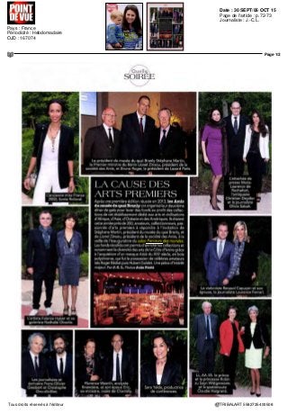 AMA NEWSLETTER
Date : 24 SEPT 15Pays : France
Périodicité : Hebdomadaire Page de l'article : p.37
Page 1/1
TRIBALART 4635435400505Tous droits réservés à l'éditeur
FOIRES ET FESTIVALS
Dernière édition de Houston Fine Arts sous la direction de Hampton! Expo Group
Du 9 au 12 septembre 201S Houston Fm Art Pair
a tenu sa 5' et derniere edition sous la direc-
tion de Hamptons Expo Group Elle sera désormais
reprise par Urban Expositions basée a Kennesaw,
en Georgie, aux Etats Unis
L'acquisition des parts de Hampton Expo Group
inclut ArtAspen ArtHamptons, Palm Springs F ne
Art Pair et enfin Houston Pme Art Pair Cette dern
lere se déroulera du 22 au 25 septembre 2016 pour
sa prochaine edition Dirigée par Rick Friedman,
lili! Chun Eui-Young, nommé directeur de
Gwangju Folly lll
/ e 10 septembre 2015, Gwangju Biennale Foun
I dation basée a Gwangju, en Coree du Sud, a
nomme Chun Eui Young directeur de Gwangju
Folly lll
Chun Eui Young professeur a I Ecole d architecture
de l'Univers te de Kyonggi, était I un des com-
missaires de Gwangju Folly ll Avec sa connais
sance des espaces urbains et publiques, il a éte
considère comme le directeur le plus adéquat
pour l'événement ll a participe a plusieurs projets
d'architecture dans lesquels le lien entre architec
ture, espace public et citoyens était important Cela
témoigne de la cohérence de ses visions artistiques
avec Gwangju Folty ll a déclare « Gwangju Folly
devrait fonctionner comme un projet de régénéra-
tion urbaine qui envisagerait un nouveau futur Je
veux que Folly lll rende vis ble l'esprit de Gwangju,
tout en promouvant autant que possible la partici-
pation du public au projet »
Gwangju Folly Project a commence en 2011 et a
rassemble parmi les artistes et architectes les plus
renommes, comme Peter Eisenman, Rem Koolhaas,
Eyal Weizman, Do Ho Sun Ingo Niermann David
Adjaye et Superflex Le but de chaque Folly est de
jouer un certain rôle dans le contexte urbain tout
en restant indépendante Elles ravivent la ville et
interagissent avec ses alentours et les passants ^
de Hampton Expo Group la derniere était un succes avec plusieurs centaines
d'œuvres vendues a des collections privées et publiques basées a Houston
85 % des 67 exposants ont vendu des pieces durant les trois jours de la foire
La foire a accueilli un certain nombre de collectionneurs expérimentes et ama-
teurs d'art Iat no america n Le president directeur générât de Urban Expositions
Doug Miller se réjouit de la place de la foire au sem du marche de I art et du fait
que toutes les foires rachetées par le groupe soient dans « des villes attractives
et importantes au sein du reseau des galeries et des collectionneurs »
Fondée en 1995 Urban Expositions produit et supervise 36 evenements an-
nuels, dont SOFA CHICAGO, la plus ancienne foire organisée par des galeries $
^3 Parcours des mondes 2015 : un succès pour
l'art asiatique
I a 14" edition de Parcours des mondes, le salon in
Lternational des arts premiers qui se déroulait dans
le quartier de Saint Germain des Pres a Paris du
8 au 13 septembre 2015, a notamment ete un succes
pour I art asiatique qu il mettait en avant cette annee
Sur les 84 exposants rassembles sur la foire une
vingtaine était spécialisée dans l'art asiatique,
du Nepal au Japon en passant par la Chine Sur
la trentaine d'expositions d œuvres asiatiques af
ncaines, amérindiennes et océaniennes cede de
la Galerie Lucas Ration a marque la salon avec la
plupart de ses oeuvres vendues des le premier jour
Entre autres belles ventes, le Hollandais Michel
Thieme a vendu 60 % des pieces qu'il présentait et
I Americain Donald Ellis a réalise une vente a 1 MC
le premier jour de la foire tandis que des musees
lui ont reserve des oeuvres amérindiennes Du cote
de lart asiatique, le galeriste parisien Christophe
Hioco a notamment vendu un Bouddha Mucalmda
Khmer dans le style d'Angkor Wat et date du XIIe
siecle, affiche a 65 DOO € et un torse en bois japo
nais dAmida Nyorai du XII'-Xllle
siecle, affiche a
88 000 € En plus d une clientele internationale qui
se diversifie selon Lucas Ration, plusieurs institu-
tions telles que le Musee Guimet (Pans), le Musee
du Quai Branly (Pans) et le Asian Art Muséum of
Singapore se sont rendues sur le salon 4
Vue de Hni cmn Fire Arts
Photo Monica KrcEsman
Vue de Houston Fmc rts
Document a lusage exclusif dei clients d'Art Media Agency Ne fas distribuer
 